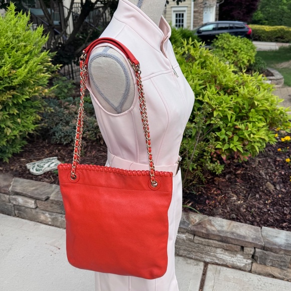 Tory Burch Rare MARION Leather Book Bag with Chain Orange - Picture 2 of 10